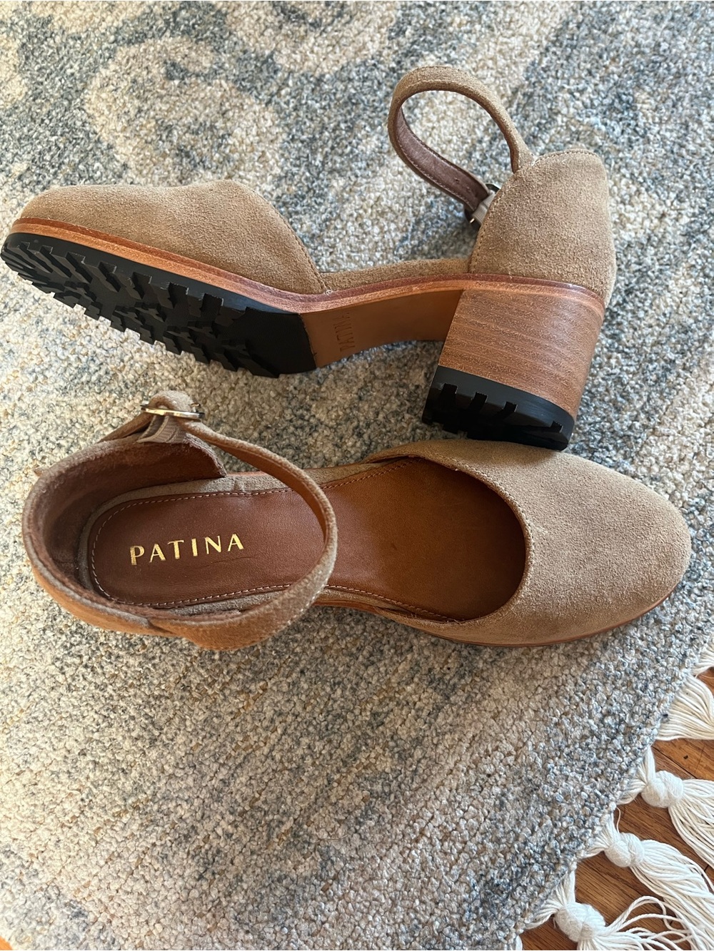 Portland Leather Goods Patina Suede Ankle-Strap Block Heel — Taupe 7.5